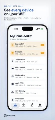 NetGuard device list on iPhone showing 11 devices on a network named MyHome-5GHz, each row with an icon, IP address, device type and how long ago it was seen.
