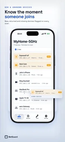 NetGuard showing a 2 new banner above the device list and a NEW DEVICE label attached to an Espressif IoT device that appeared since the previous scan.