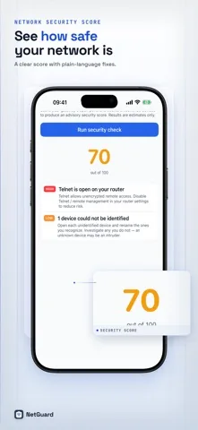 NetGuard showing a network security score of 70 out of 100, with a high severity finding that Telnet is open on the router and a lower severity finding that one device could not be identified, each with a recommended fix.