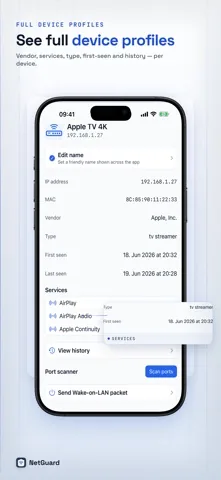 A NetGuard device profile for an Apple TV 4K, showing its IP address, device type, first seen and last seen dates, its AirPlay services and a Scan ports button at the bottom.